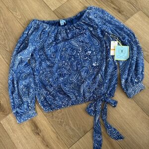 Cece Blue Paisley Shimmer Tie Elastic Waist Blouse Sapphire Small